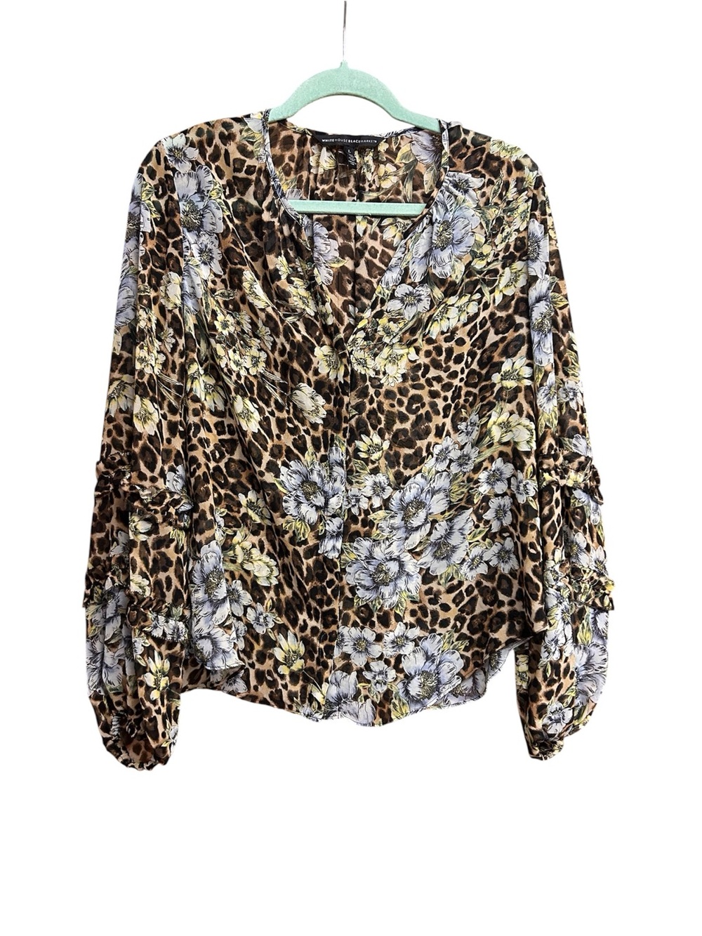 White House Black Market Brown Leopard Floral V-Neck Blouse